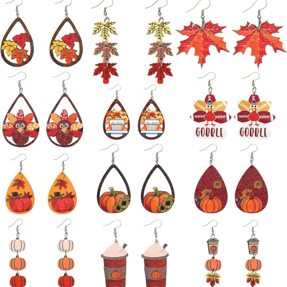 Thanksgiving Earrings Set Wooden Fall Dangle Jewelry Gifts for Women